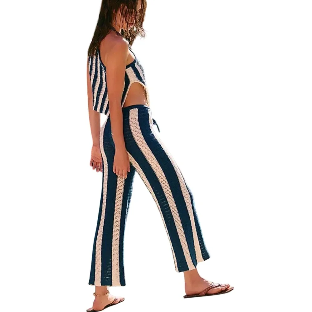Free People free-est Joan‎ Fauxchet Set XL NWT Blue Cream One Shoulder Knit